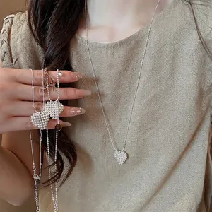 Minimalist Silver Color Copper Beaded Heart Pendant Necklace For Women Elegant Cool Style Commuter Versatile Clavicle Chain