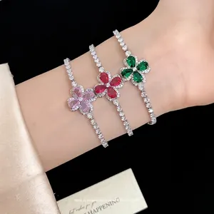 Elegant three-color zircon four-leaf clover flower tennis bracelets set for women