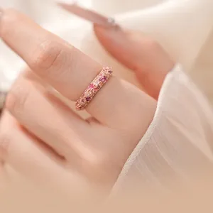 Rose Gold Plated Round Zirconia Copper Ring Sweet Elegant Pink Eternity Band For Women Fashion Minimalist Jewelry Finger Ring