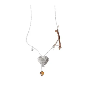 Handmade silver chain necklace with crystal pavé heart pendant and brown stone bead