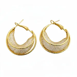 Elegant gold-tone mesh hoop earrings with sparkling grid texture and silver needle.