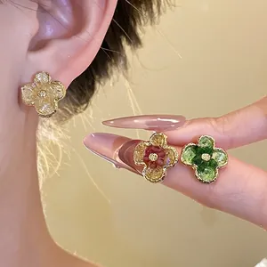 Korean Style Gradient Flower Stud Earrings Vintage Sweet Four Leaf Clover Alloy Glass Rhinestone Earrings For Women Jewelry