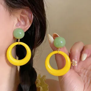Dopamine Vacation Style Resin Drop Earrings With 925 Sterling Silver Earring Post Sweet Geometric Round Yellow Green Earrings Women Jewelry