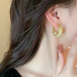 Close-up detail of stylish gold mesh texture hoop earrings for women with elegant finish
