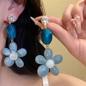 Zirconia Resin Flower Drop Earrings For Women Sweet Blue Floral Spring Summer Holiday Style Silver Earring Post Jewelry