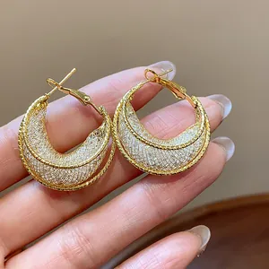 Macro shot of elegant gold-toned hoop earrings with an intricate inner mesh texture