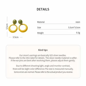 Macro view and detailed product parameters for yellow resin pendant hoop earrings