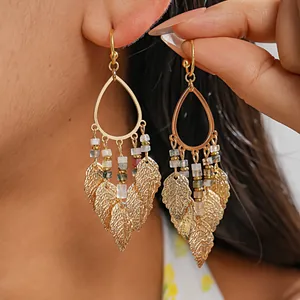 Bohemian Water Drop Leaf Tassel Earrings For Women Vintage Gold Plated Copper Simulated Stone Ethnic Style Drop Earrings With Silver Earring Post