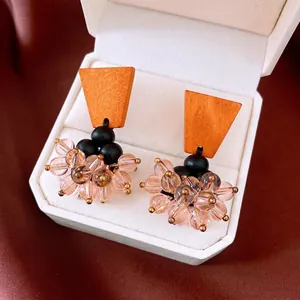 Ethnic Vintage Tassel Stud Earrings With Silver Earring Post Brown Wood Pink Glass Beads Clusters Luxury Women Jewelry