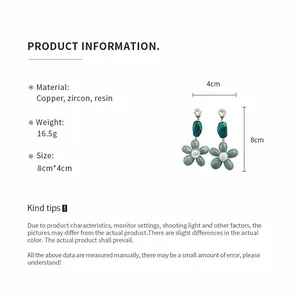 Technical product information for floral drop earrings showing dimensions and materials