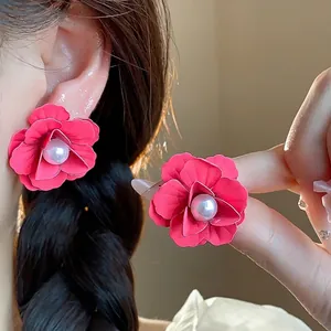 Painted Flower Stud Earrings With Artificial Pearl And 925 Sterling Silver Earring Post For Women Resort Style Jewelry
