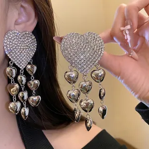 Exaggerated Alloy Rhinestone Heart Tassel Earrings For Women Silver Earring Post Luxurious Fashion Jewelry For Party Banquet