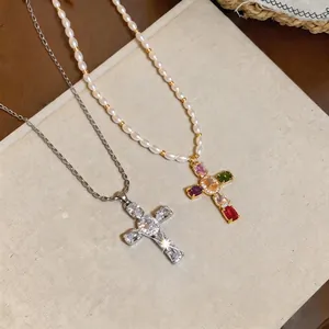 Elegant zirconia cross pendant necklace and colorful gemstone pearl beaded jewelry
