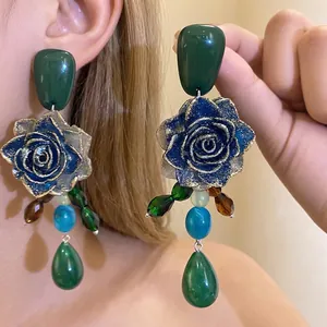 Vintage Resin Flower Drop Earrings With Water Drop Pendant 925 Sterling Silver Earring Post Rhinestone Jewelry For Women