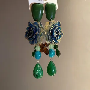 Vintage retro resin floral drop earrings with S925 silver needle and green teardrops