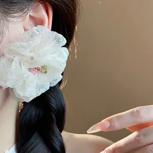Elegant creamy white chiffon flower stud earrings with S925 silver needles for women