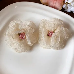 Elegant white chiffon flower earrings with silver needle and pink rose core