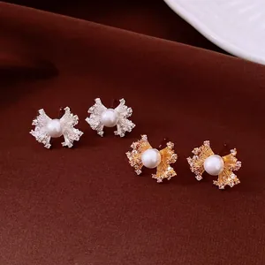 Vintage Fan Shaped Zirconia Artificial Pearl Stud Earrings For Women Light Luxury Elegant Copper Jewelry With Silver Earring Post