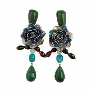 Vintage style resin flower and green teardrop crystal drop earrings for women