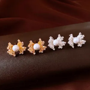 Vintage fan-shaped pearl earrings with zircon stones and silver needles for women