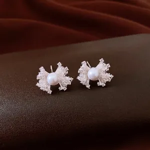 Vintage silver needle zircon fan-shaped pearl stud earrings with a luxury aesthetic