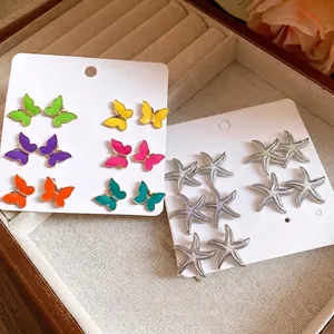 Juego de Pendientes de Botón de Estrella de Mar y Mariposa con Poste de Plata para Mujer Joyas de Playa
