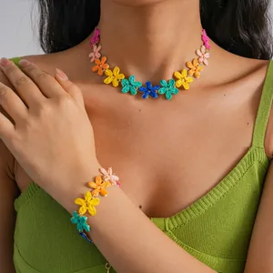 Summer Sweet Raffia Flower Necklace And Bracelet Set Bohemian Multi Color Hand Woven Floral Clavicle Chain Women Jewelry