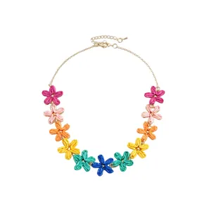 Colorful handmade raffia flower necklace for summer vacation beach style jewelry