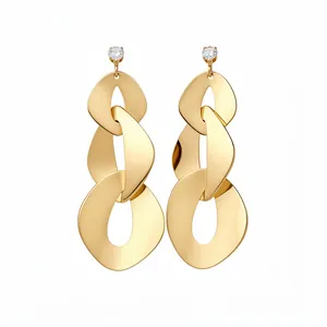 Minimalist gold-tone geometric linked drop earrings with sparkling zircon stud detail