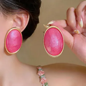 Vintage Resin Oval Jewelry Set Alloy Gold Frame Pink Stud Earrings With 925 Sterling Silver Post And Geometric Ring For Women