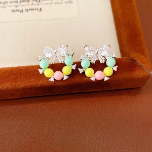 Orecchini a Bottone a Ghirlanda di Perline di Resina Coreana Con Perno in Argento Zirconia Intarsiato Fiocco Gioielli Donna