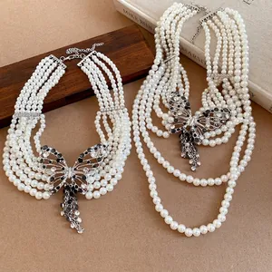 Französischer Vintage Mehrreihige Künstliche Perle Strass Schmetterling Anhänger Halskette Für Damen Elegante Mode Halsschmuck Geschenk