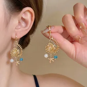 Orecchini a Scatto Lega Conchiglia Stella Marina Con Perno in Argento Sterling 925 Oro Perla Artificiale Perla di Vetro Blu Gioielli