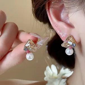 French Vintage 18K Gold Plated Stud Earrings With 925 Sterling Silver Post Geometric Artificial Pearl Glass Jewelry
