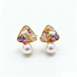 Vintage 18k gold plated triangle crystal stud earrings with elegant pearls for women