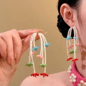 Handmade Glass Bead Flower Tassel Stud Earrings Sweet Vacation Style Multicolor Floral Dangle Earrings For Women Jewelry