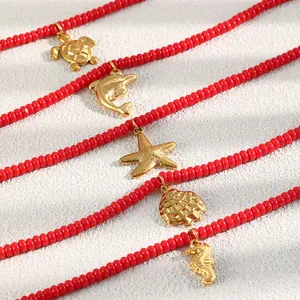 Rode glaskralen kettingen met gouden roestvrijstalen zeedier hangers voor dames vakantie