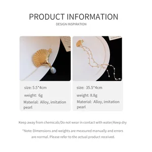 Detail view of golden shell hair clips with pearl tassels and size specifications.
