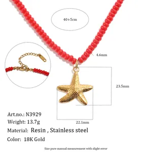 Rode glazen kralenketting met 18K gouden zeester hanger inclusief alle afmetingen