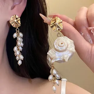 French Vintage Palace Style Asymmetrical Conch Shell Artificial Pearl Tassel Drop Earrings With Silver Earring Post For Women Wedding Jewelry
