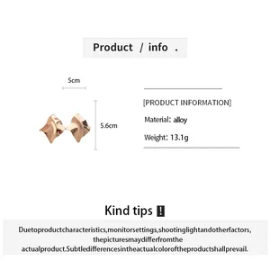 Gold-tone irregular geometric metal stud earrings with size and material specifications
