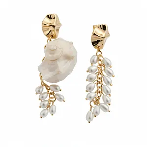 French vintage style asymmetric seashell and pearl tassel drop earrings in gold finish
