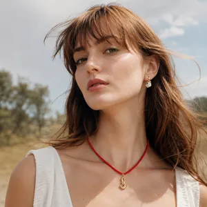 Lifestyle weergave van 18K vergulde zeepaardje ketting met rode kralen.