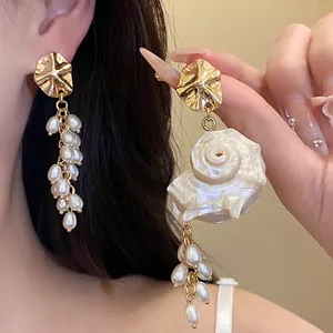 Vintage French court style shell and pearl tassel drop earrings in gold finish