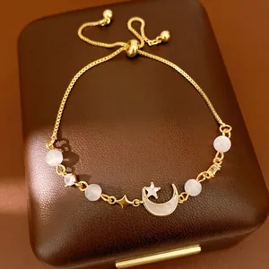 Exquisite Gold Plated Copper Bracelet With Zirconia Inlaid Moon Star Charm And White Cat's Eye Stone Adjustable Box Chain Bracelet For Women Fashion Jewelry