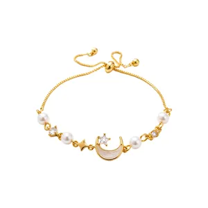 Elegant gold adjustable moon and star bracelet with pearls and zircon stones