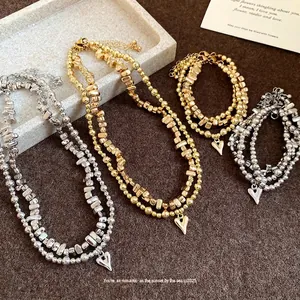 Set Collana e Bracciale con Pendente a Cuore Vintage Gioielli con Catena di Perline Acriliche Metalliche Regolabili per Donna