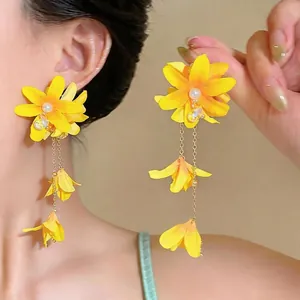 Yellow Fabric Flower Long Tassel Earrings With 925 Sterling Silver Earring Post Artificial Pearl Vacation Style Jewelry