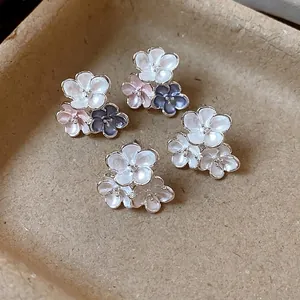 Elegant silver needle enamel flower stud earrings in white pink and blue grey set