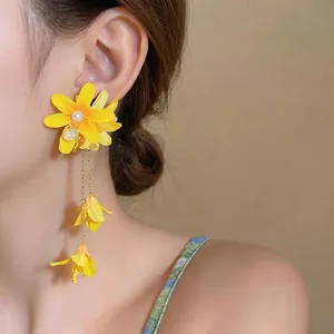 Elegant yellow fabric flower long tassel earrings with pearls and 925 silver needles